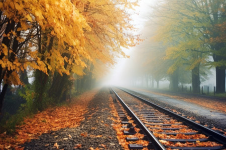a misty morning scene with railway and autumn leaves, created with generative aiの素材