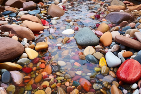 brightly colored pebbles in a creek bed, created with generative aiの素材