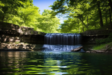 waterfall cascading into a clear pond, created with generative aiの素材