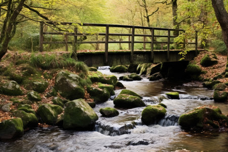 small footbridge over a babbling brook, created with generative aiの素材