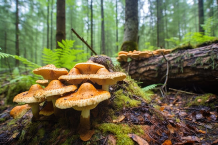 mushroom clusters on a log in a dense forest, created with generative aiの素材