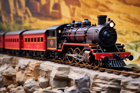 picture of red and black locomotive model with steam, created with generative aiの素材