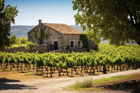 rustic stone house of vineyard owner in a wine estate, created with generative aiの素材