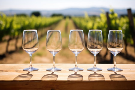 white tasting glasses on a wooden table in a vineyard, created with generative aiの素材