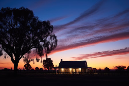 vineyard cottage, silhouetted against a twilight sky, created with generative aiの素材