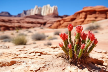 a flowering cactus against a desert landscape, created with generative aiの素材