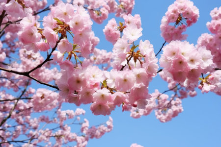 cherry blossom flowers against clear sky, created with generative aiの素材