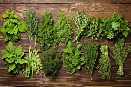 collection of edible herbs on a wooden table, created with generative aiの素材