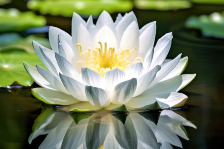 white lotus flower opening up in a tranquil pond, created with generative aiの素材