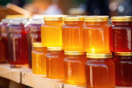stack of honey jars at a farmers market stall, created with generative aiの素材