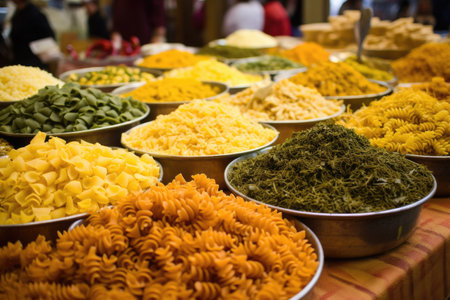 a full display of different pasta types at a local market, created with generative aiの素材