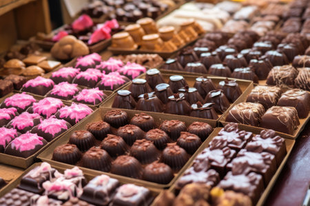 display of assorted hand-made chocolates at a stall, created with generative aiの素材