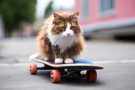 a cat sitting on an idle skateboard, created with generative aiの素材