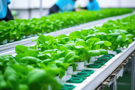 hydroponic farming system with leafy vegetables, created with generative aiの素材