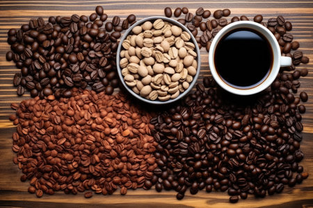 overhead shot of coffee beans on a cafe table, created with generative aiの素材
