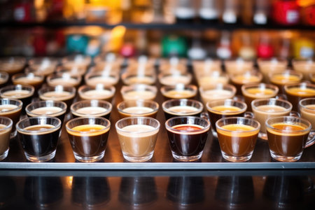 coffee cups neatly arranged on a cafe counter, created with generative aiの素材