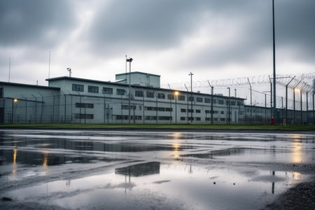 view of a gloomy prison building from the outside, created with generative aiの素材