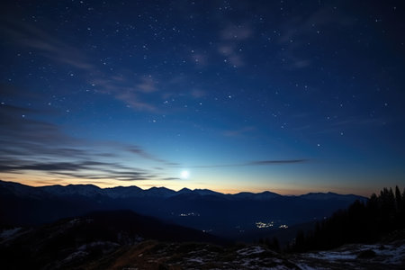 star-filled sky over a mountainous terrain, created with generative aiの素材