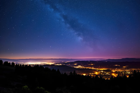 galaxy observed from a high-altitude hilltop, created with generative aiの素材