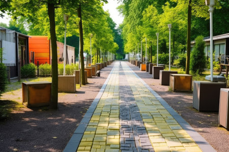 pathway with tactile paving stones between dress stalls, created with generative aiの素材