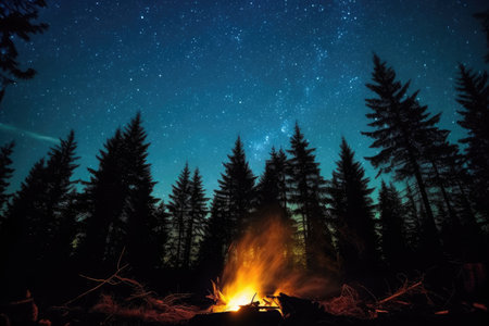 glowing night sky viewed from a campfire site, created with generative aiの素材