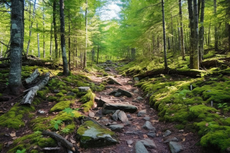 forest terrain with clearly marked hiking trails, created with generative aiの素材