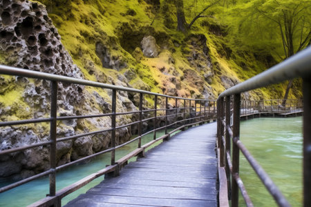 guide railings lining to a hot spring path, created with generative aiの素材