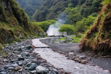 pebbled path leading to steaming hot spring, created with generative aiの素材