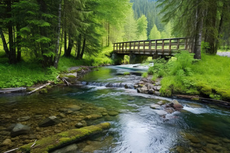 placid hot spring with sturdy bridge, created with generative aiの素材