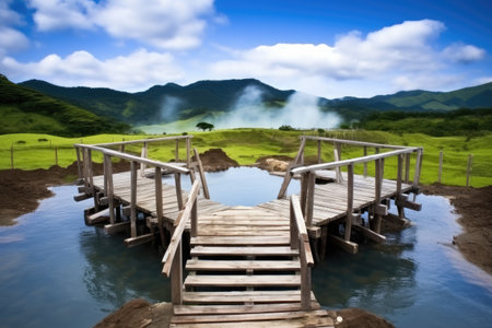 open-air hot spring with viewing platform, created with generative aiの素材