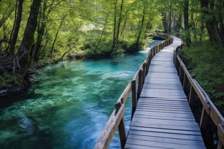 wooden walkway leading to a natural hot spring, created with generative aiの素材