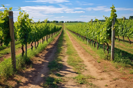 accessible vineyard pathway lined with grapevines, created with generative aiの素材