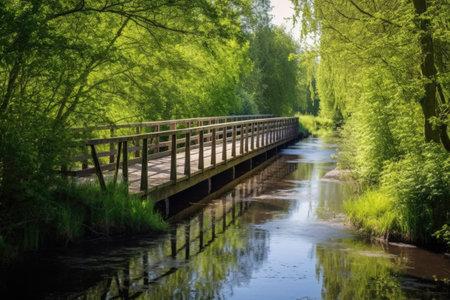 wooden cycling bridge over a quiet stream, created with generative aiの素材