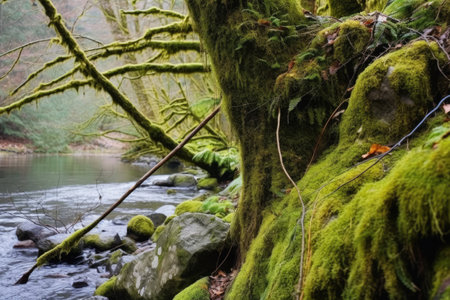 a fishing rod resting against a mossy tree near a river, created with generative aiの素材