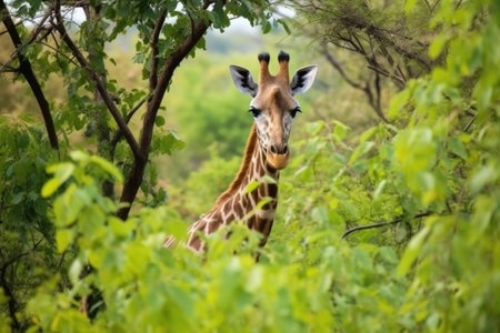 a giraffe browsing leaves from tall trees, created with generative aiの素材