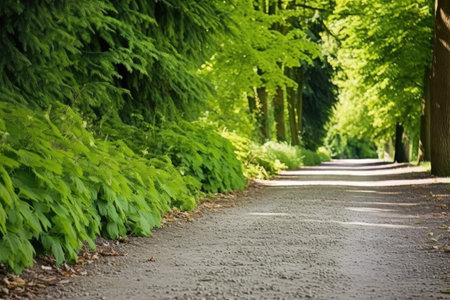 gravel path through verdant botanical gardens, created with generative aiの素材