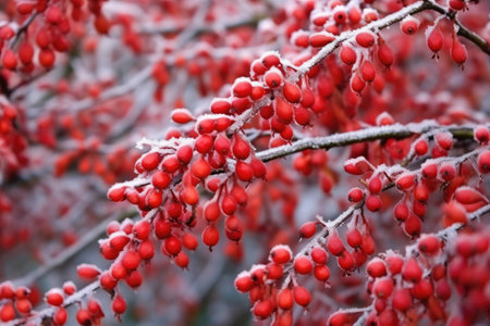 red berries on a bush dusted with morning frost, created with generative aiの素材