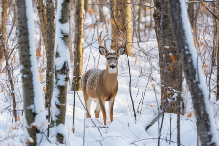 a white-tailed deer foraging in a snowy woodland, created with generative aiの素材