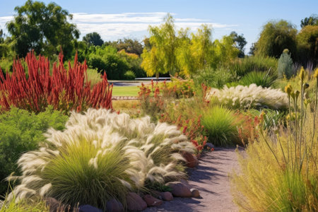 garden filled with drought-tolerant ornamental grass, created with generative aiの素材