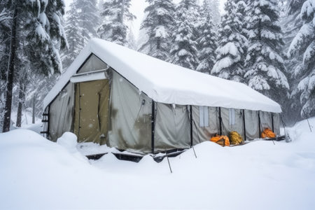 empty outdoor emergency shelter in snowy backcountry, created with generative aiの素材