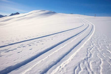 high angle view of long ski tracks on a high slope, created with generative aiの素材