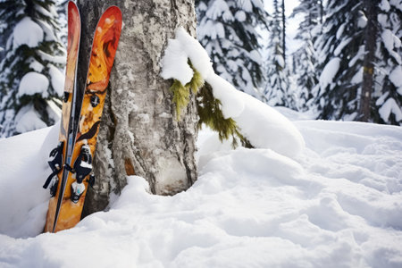 a ski leaning against a snow-covered tree trunk, created with generative aiの素材