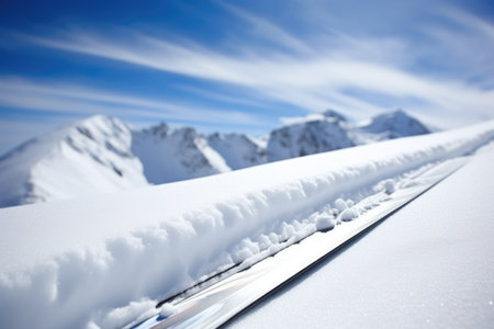 close-up of freshly ski with surrounding snow, created with generative aiの素材