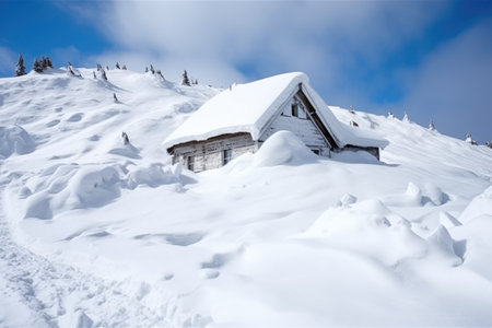 secluded mountain hut covered with deep snow, created with generative aiの素材