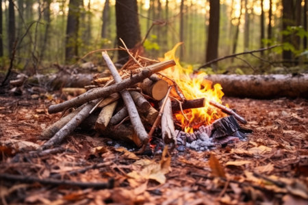 a campfire ready-to-light with dry wood in a forest clearing, created with generative aiの素材