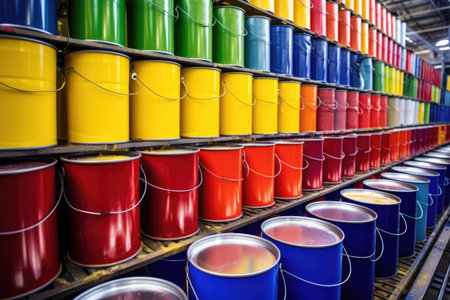 pails of aircraft-grade paint in vivid hues, created with generative aiの素材