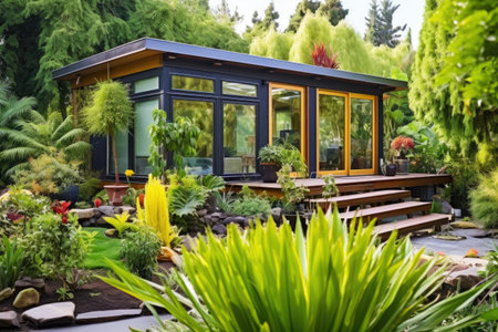 modern sustainable tiny house surrounded by garden, created with generative aiの素材