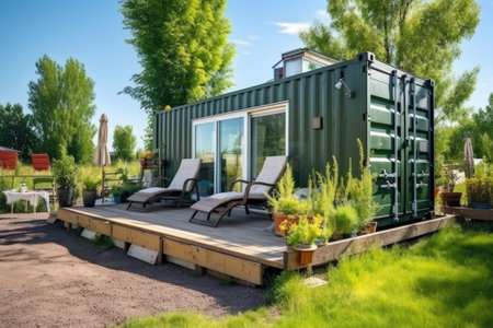 a converted shipping container used as a tiny house, created with generative aiの素材
