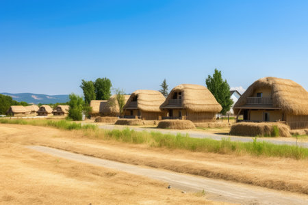 a group of eco-friendly, straw-bale houses, created with generative aiの素材