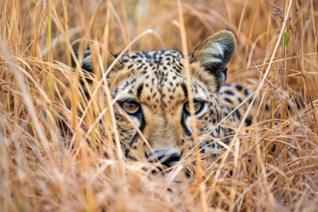 a cheetah lying in tall grasses, camouflaged, created with generative aiの素材